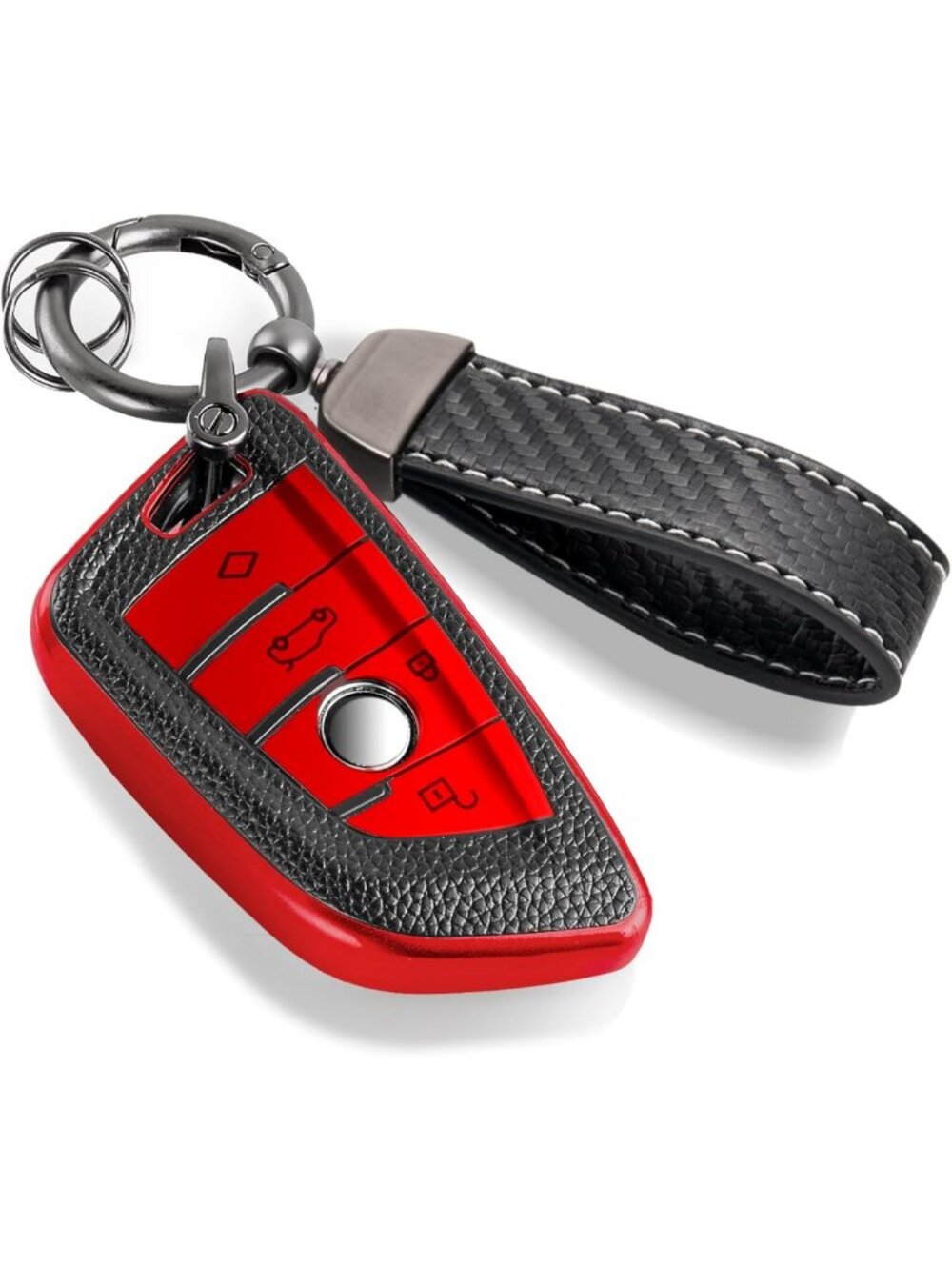 Carbon Fiber Key Fob Cover with Keychain - Soft TPU Case for New BMW Keys (Red)